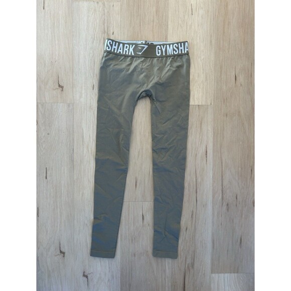 Gymshark Leggings Ankle Crop Olive Green Spell Out Elastic Waist XS - Picture 1 of 7